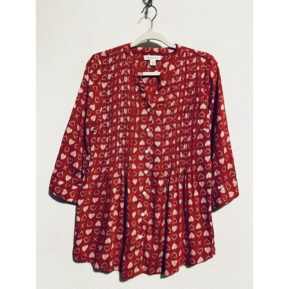 Coldwater Creek Top Womens XS Heart Print Button Up Pleated 3/4 Sleeve Red Boho - Picture 1 of 7